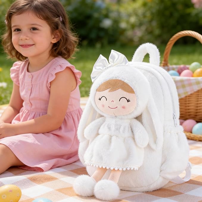 Gloveleya Toddler Backpack Plush Bag with White Bunny Detachable Design 11-inch Gift for Girl