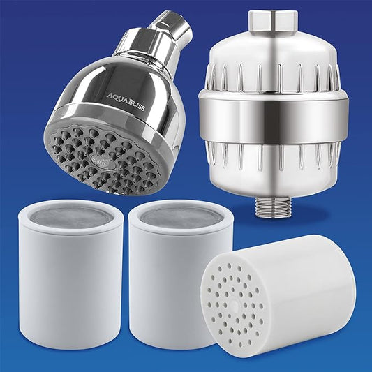 AquaBliss SF100 Revitalizing Shower Filter with 3 SFC100 Cartridges & TurboSpa 3" High Pressure Shower Head - Chrome