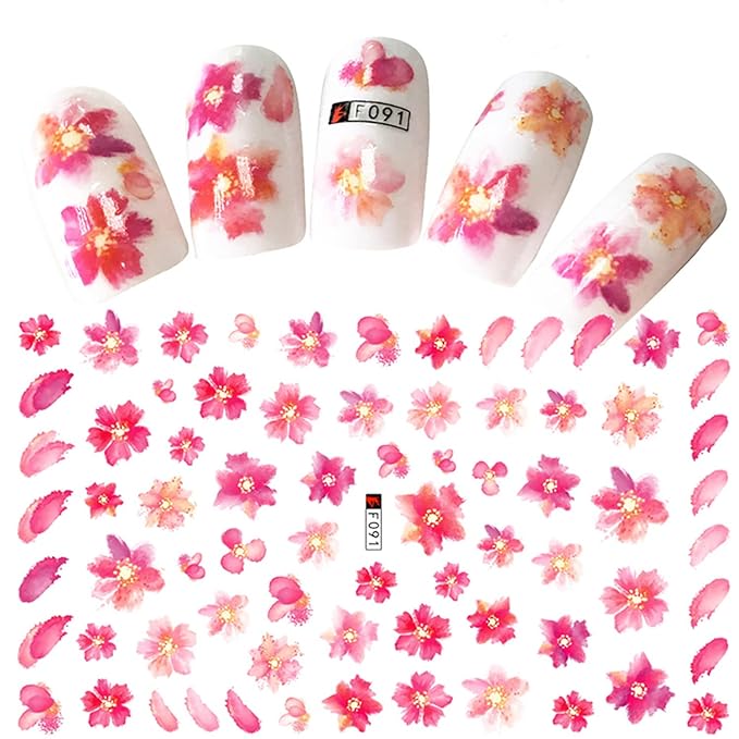 Flowers 3D Nail Decals Art Design - Holographic Peach Plum Blossom Lotus - Self-Adhesive Sticker Decoration for Women Manicure Tips Acrylic DIY Nails Art Supplies