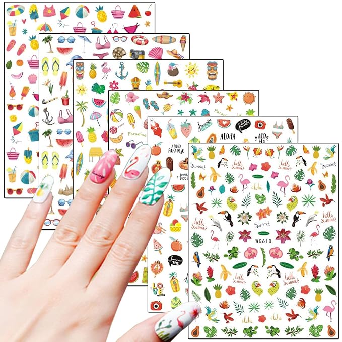 Summer Nail Art Stickers Holographic 3D Self-Adhesive Sticker Design Bikini Flamingo Beach Starfish Fruits Ice Cream Leaf Nail Art Decals for Women Girls Manicure Decoration DIY Nail Decal Supplies