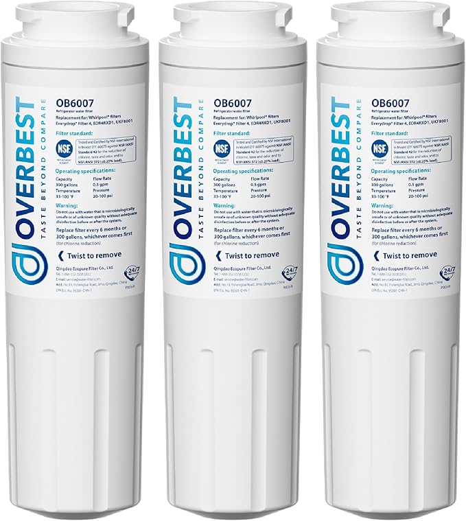 Overbest UKF8001 Replacement for EveryDrop by Whirlpool Refrigerator Water Filter 4, EDR4RXD1, Pack of 3