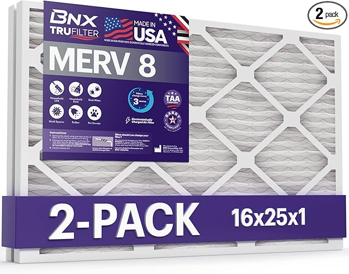 BNX 16x25x1 MERV 8 Air Filter 2 Pack - MADE IN USA - Electrostatic Pleated Air Conditioner HVAC AC Furnace Filters - Removes Dust, Mold, Pollen, Lint