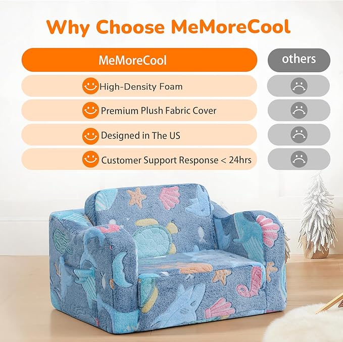MeMoreCool Glowing Ocean Kids Chair - Glow-in-the-Dark 2-in-1 Kids Couch Fold Out to Lounger, Sea Life Foam Sofa with Seahorse Starfish Shell Print, Washable Cover for Ages 1-3 | Reading, Relaxing