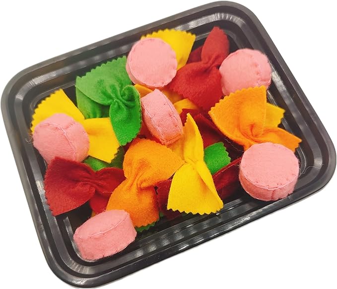 Felt play food Pasta farfalle with sausage for pretend play in kids kitchen, plush fake realistic bow tie (multi color farfalle, Large set (24 farfalle, 6 sausages))