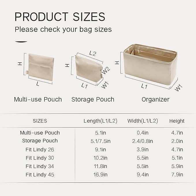 Silky Bag Insert Fit for Hermes Lindy 19/26, Silky Purse Organizer, Lightweight and Silk Touch (Fits Lindy 26, Champagne/Etoupe Grey)