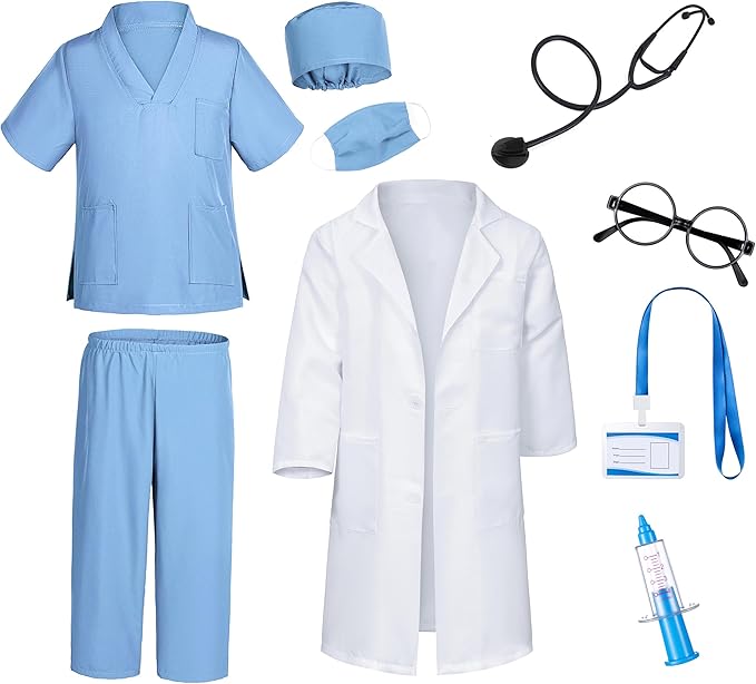 Doctor Costume for Kids Scrubs Pants with Accessories Set Children Party Cosplay 3-12 Years
