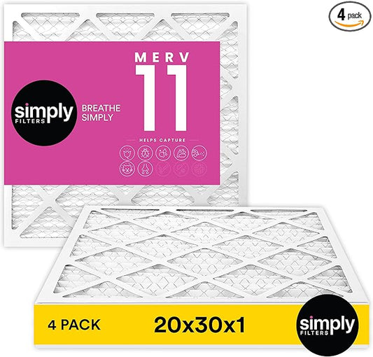 Simply 20x30x1 Air Filter, Merv 11, 4 Pack, For Home AC Furnace & HVAC (Actual Size: 19.94"x29.94"x0.75") DUST, Pet & Allergy Control,