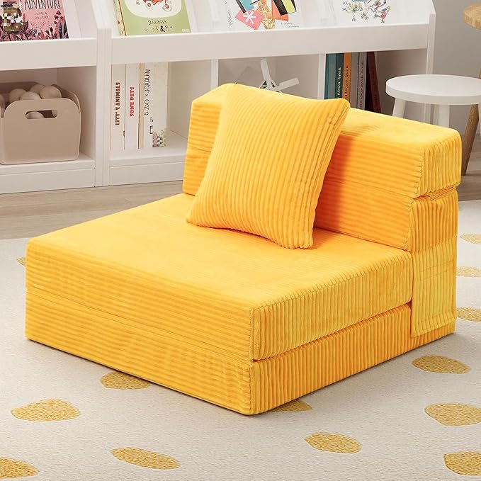 MeMoreCool Folding Sofa for Kids, Corduroy Fold Out Futon Chair, Small Foldable Floor Mattress, Portable Children Couch Sofa, Yellow