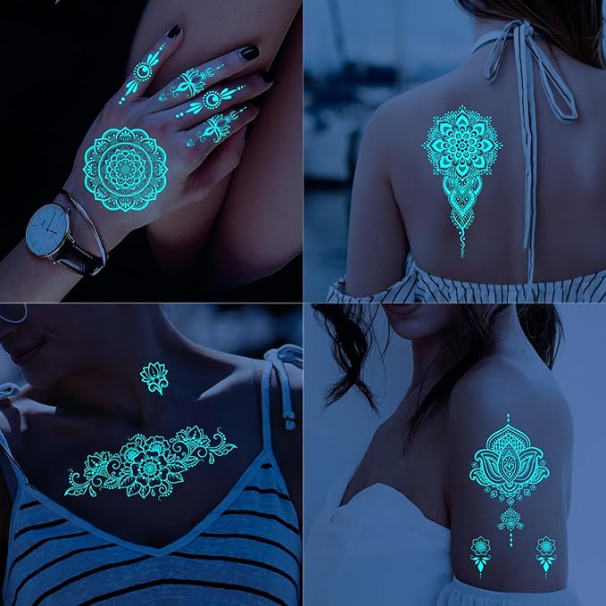 Blue Glow in the Dark Mandala Flower Temporary Tattoo for Women Hand, Realistic Luminous Floral Indian Lotus Fake Tattoo Sticker Adult Girl Finger, Large Henna Tribal Temp Tatoo Arm Body Art, 9-Sheet