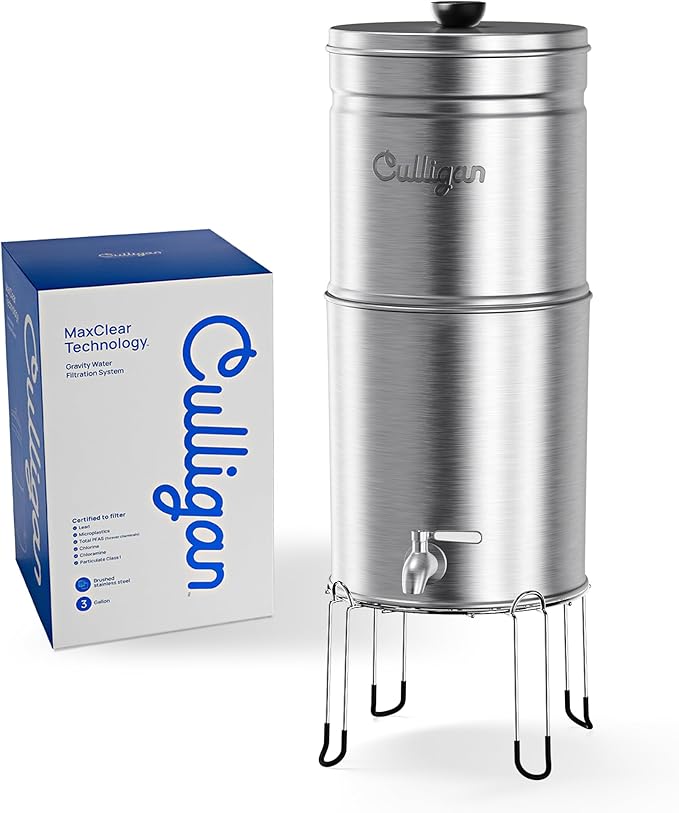 Culligan MaxClear 3 Gallon Gravity Water Filter System, Brushed Stainless-Steel Countertop Water Filter NSF/ANSI Certified to Reduce Microplastics, Lead & Total PFAS, with 3 Ceramic Filters