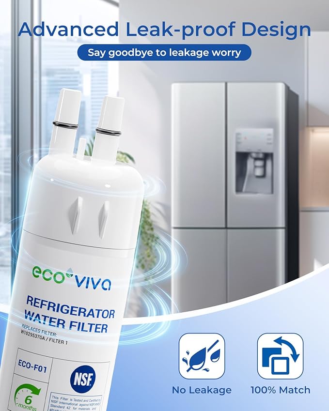 Ecoviva EDR1RXD1 Refrigerator Water Filter, Replacement Compatible with W10295370A, Filter 1, EDR1RXD1B, W10295370, WHR1RXD1, KAD1RXD1, P4RFWB, P8RFWB2L, 46-9930, 46-9081, 2 Pack