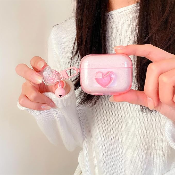 Pink Transparent Glitter with 3D Raised Heart Silicone Case for AirPods Pro 3 (2025) - Cute Shockproof Cover with Detachable Long Neck Lanyard, Travel Keychain, MagSafe Compatible,for Women