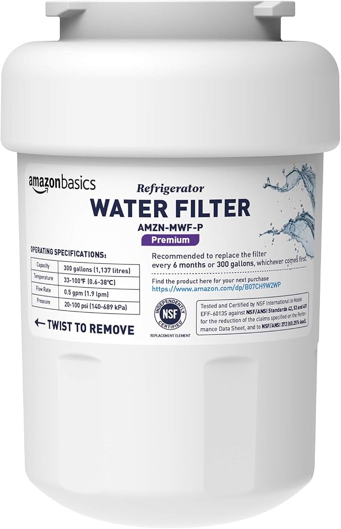 Amazon Basics Replacement Water Filter Cartridge Compatible with GE MWF Refrigerator, Easy to Install, NSF/ANSI 42 Certified, Reduces Lead, 1-Pack