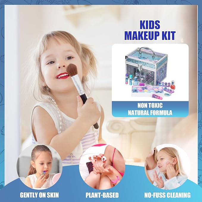 Stitch Train Case Beauty Set, Kids Makeup Kit for Girls, Real Washable Makeup Set, Play Makeup, Party Favor, Birthday, Ages 3 4 5 6 7 8 9 10 11 12 by Townley Girl