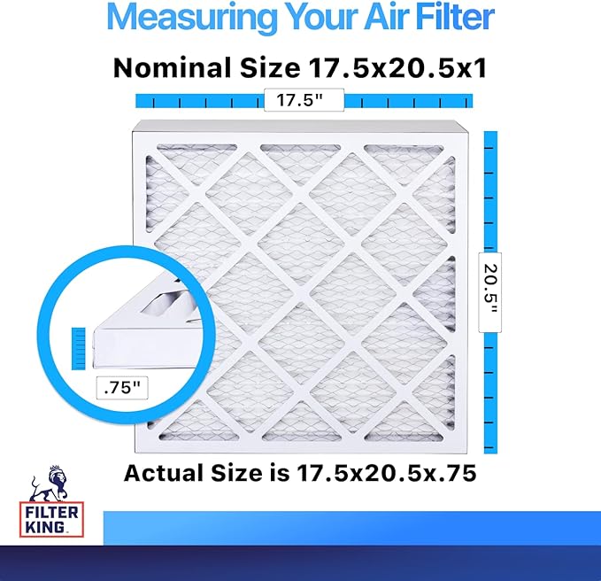 Filter King 17.5x20.5x1 Air Filter (MERV 8) (3-Pack) Dust & Allergy Control AC Furnace Filters, MADE IN USA, HVAC, Pleated, Electrostatic (Actual Size: 17.5 x 20.5 x .75)