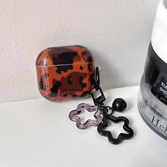 for AirPods 4 Case - Black Brown Leopard Print Design, Soft TPU Protective Cover with Detachable Neck Strap & Hand Strap, Shockproof Travel Accessories for Women Men (Stylish, Cute, Unisex)