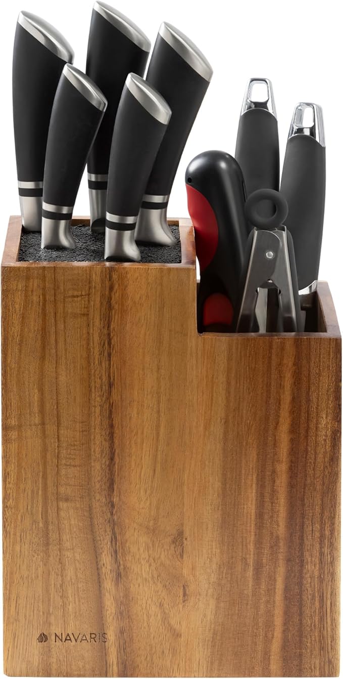 Navaris Knife Block & Utensil Organiser - Durable Acacia Wood Knife Holder without Knives - Removable & Washable Plastic Bristle for Random Sized Knives - Kitchen Storage Stand