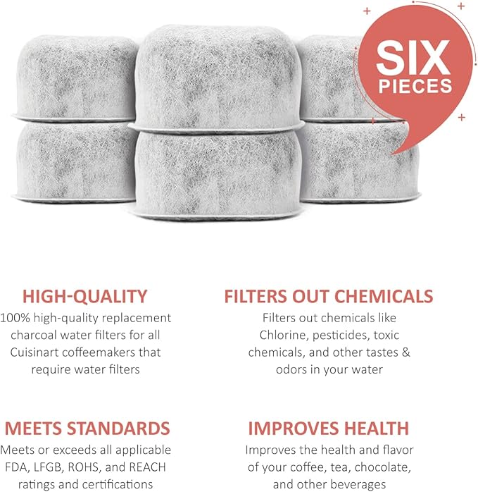 Pack of 6 Replacement Charcoal Water Filters for Cuisinart Coffee Machines - Compatible with Newer & Older Models