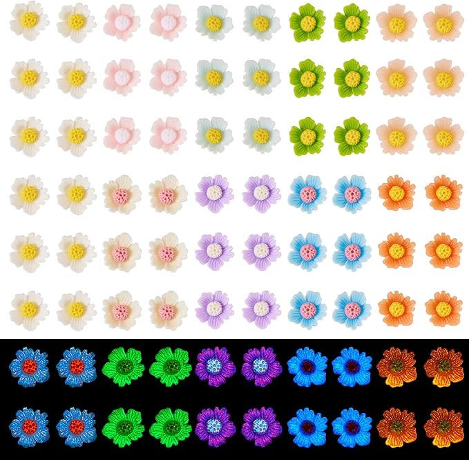 90Pcs Glow in The Dark Resin Flower Charms for Craft Daisy Flower Nail Charms Luminous Daisy Flatback Cabochons for Scrapbooking Phone Case Decor Hair Chip Fairy Garden Decor