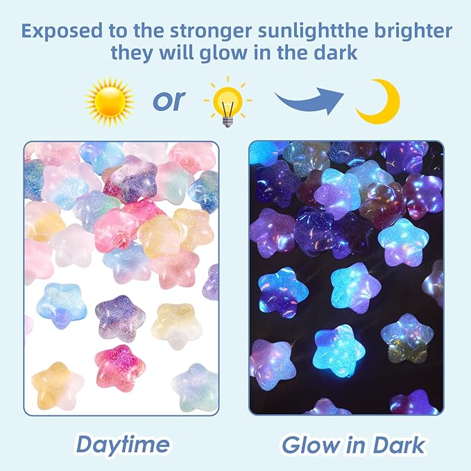 32Pcs Luminous Star Charms Glow in The Dark Star Flatback Charms Colorful Glitter Charm for Scrapbooking Card Hair Clip Jewelry Making Photo Decor