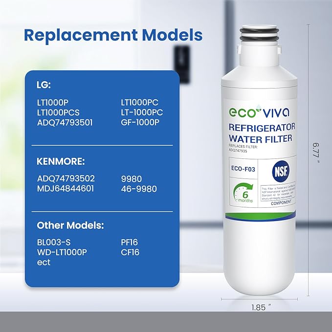 Ecoviva LT1000P Replacement Water Filter 2, Compatible with LT1000P/PC/PCS LT-1000PC, ADQ747935, ADQ74793501, MDJ64844601, LFXS26973S, LMXS28626S, LMWS27626S, Come with LT120F Air-Filter 3Combo