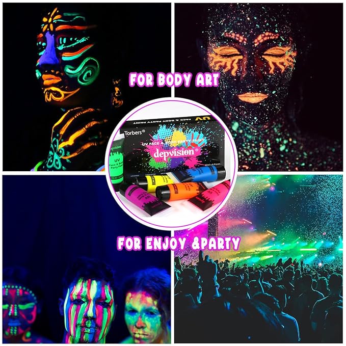 Depvision Glow in the Dark UV Face and Body Paint 6*10ml Neon Blacklight 0.34oz Reactive Fluorescent for Christmas Halloween Party Non-toxic