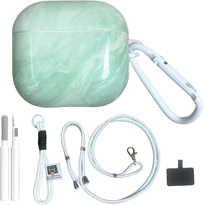 Marble Green AirPods 4 Case for Women, Fashion Shockproof TPU Protective Cover with Adjustable Neck Strap & Hand Strap, Cute Travel Accessories Compatible with AirPods 4/4 Noise Cancelling