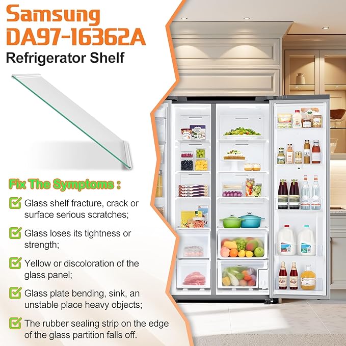 UPGRADED DA97-16362A Refrigerator Glass Shelf Compatible with Samsung Fridge Shelf Replacement Parts RS22T5201SR Shelves RS22T5561SR RS22T5561SG RS23A500ASR DA97-16362T Upper Tempered Glass Shelves