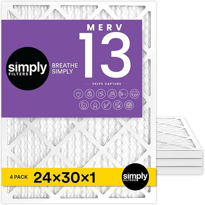Simply 24x30x1 Air Filter, MERV 13, 4 Pack, For Home AC Furnace & HVAC (Actual Size: 23.94"x29.94"x0.75") DUST, Pet & Allergy Control,