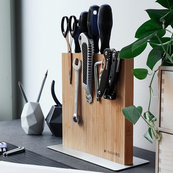 Navaris Magnetic Knife Block - Kitchen Storage with Strong Magnets for Knives & Utensils - Simple Modern Magnet Utensil Holder in Bamboo - 8.9" x 8.7"