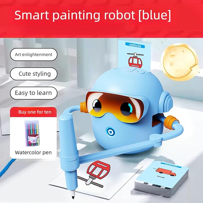 CUIFATI Smart Drawing Robot for Kids, Interactive Educational Drawing Robot with 100 Cards & 14 Colorful Pens, Robot Drawing Machine for Gift (Blue)