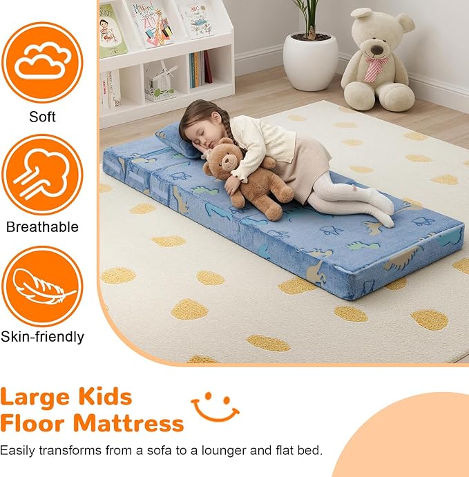 MeMoreCool Foldable Futon Chair Bed for Kids, Glow Tri-fold Sofa Bed Convertible Toddler Sofa Mattress, Foam Floor Couch for Sitting, Blue