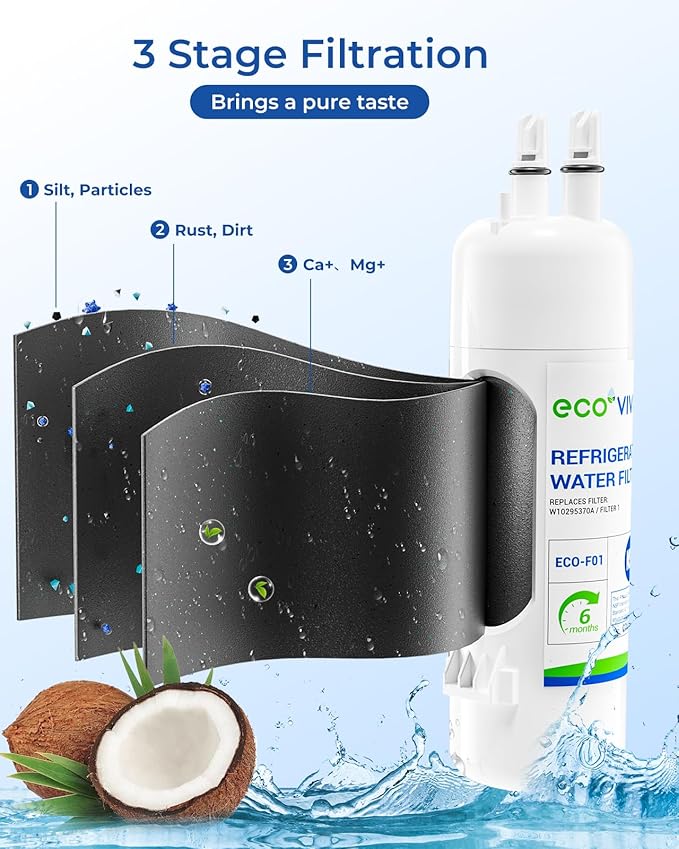 Ecoviva EDR1RXD1 Refrigerator Water Filter, Replacement Compatible with W10295370A, Filter 1, EDR1RXD1B, W10295370, WHR1RXD1, KAD1RXD1, P4RFWB, P8RFWB2L, 46-9930, 46-9081, 2 Pack
