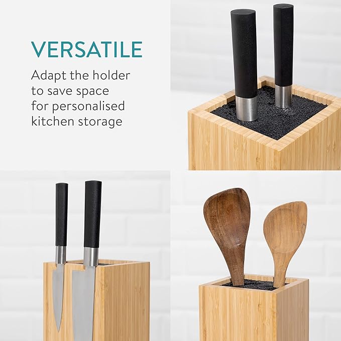 Navaris Bamboo Kitchen Knife Block - Magnetic Rotating Bristle Knife Holder - Universal Knife Block Storage Stand with Bristles - 9.8" x 4.9" x 4.9"