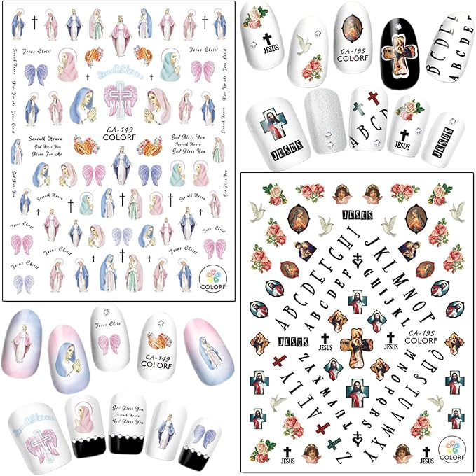 God Jesus Nail Art Stickers, Angel Christ Virgin Maria Love Cupid Flowers Nail Art Decals, Holographic 3D Angel Self-Adhesive Nail Sticker Design for Women Girls Manicure Charms Decorations
