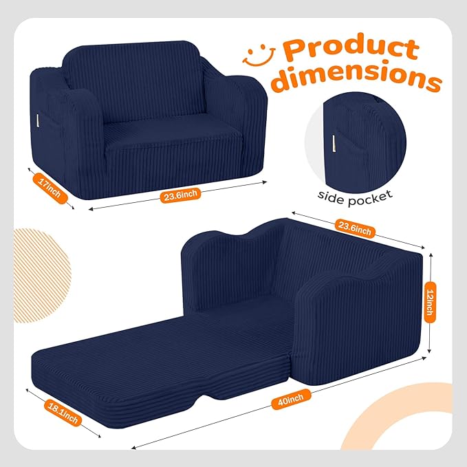 MeMoreCool Toddler Corduroy Chair – 2-in-1 Foldable Sofa Bed, Navy | Ages 1–3, Lightweight & Compact, Washable Cover for Nursery & Travel