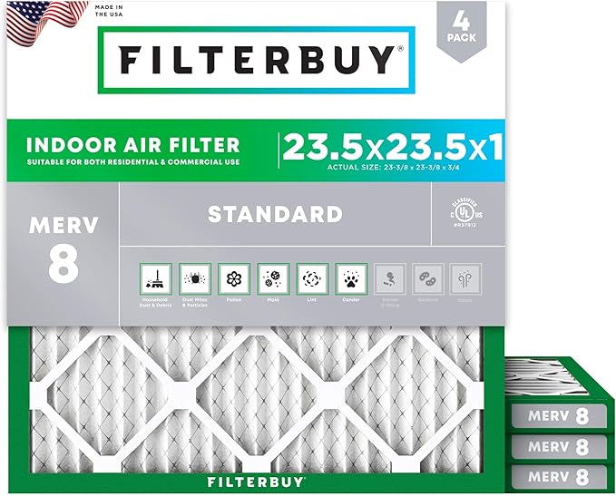 Filterbuy 23.5x23.5x1 Air Filter MERV 8 Essential Dust & Allergy Defense (4-Pack), Electrostatic Pleated HVAC AC Furnace Filters Replacement (Actual Size: 23.38 x 23.38 x 0.75)
