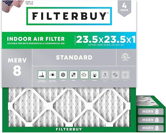 Filterbuy 23.5x23.5x1 Air Filter MERV 8 Essential Dust & Allergy Defense (4-Pack), Electrostatic Pleated HVAC AC Furnace Filters Replacement (Actual Size: 23.38 x 23.38 x 0.75)