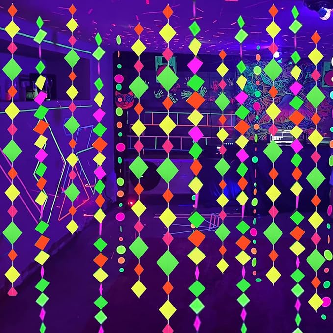 122feet Neon Streamers Glow Garland Glow in The Dark Block Hanging Paper Ornaments Blacklight Reactive Fluorescent Black Light Party Kit Neon Glow Party Supplies and Decorations for Birthday Wedding