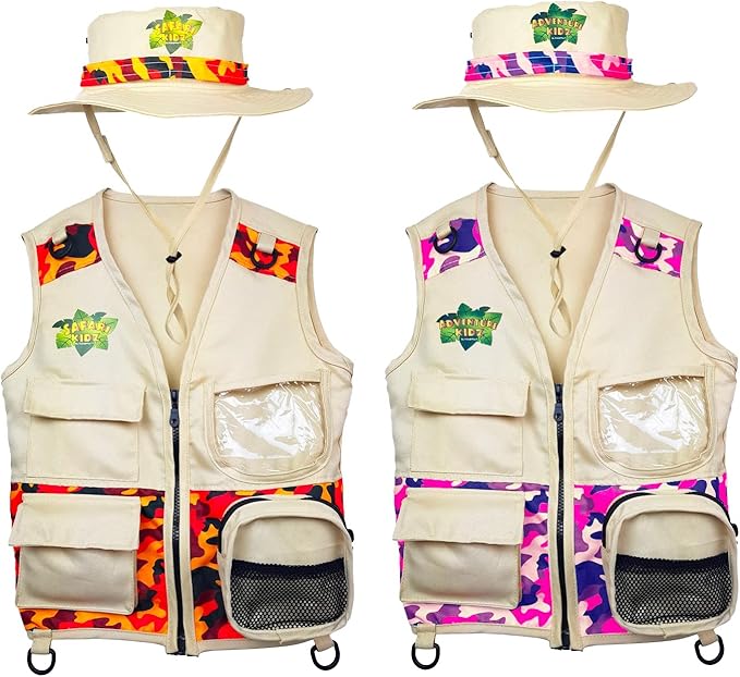 Safari Kidz Outdoor Explorer Kit - Orange and Pink Camouflage Cargo Vest and Hat Set, Backyard Nature Adventures, Washable Costume for children, Bundle (4 items)