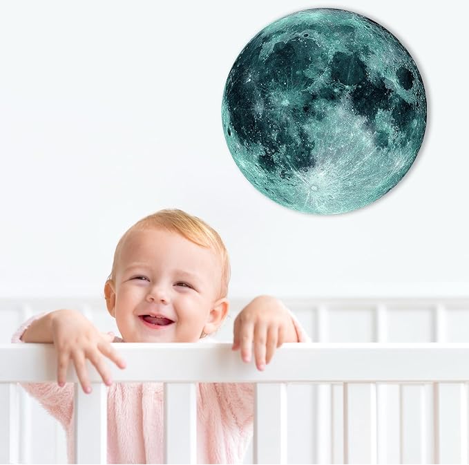 11.8 Inch Glow in The Dark Moon Wall Decal Stickers for Kids Ceiling Bedroom Wall Living Room, Blue