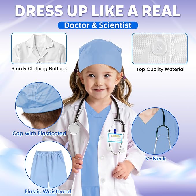 RioRand Doctor Costume for Kids With Stethoscope Lab Coat Career Day Costume Halloween Dress Up For Boys Girls 3-12