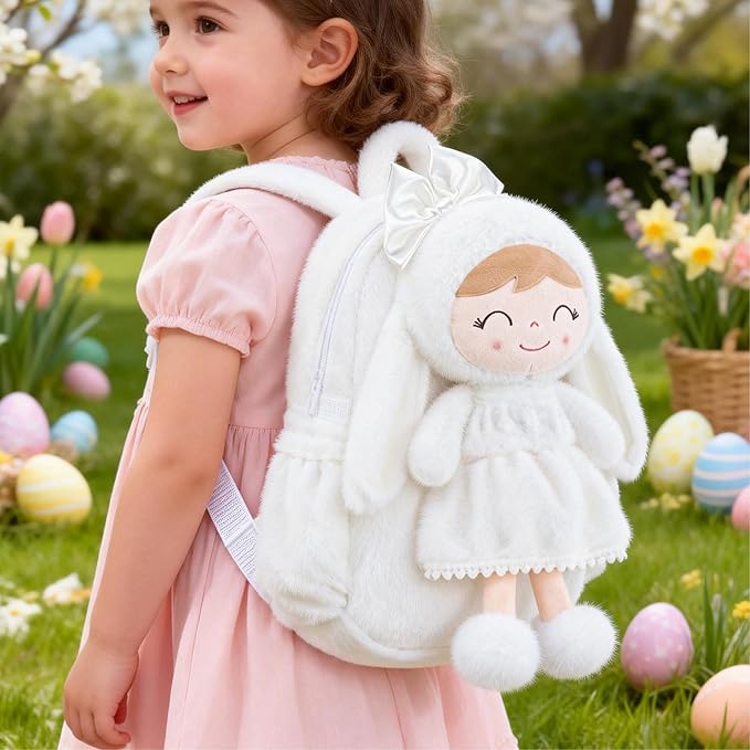 Gloveleya Toddler Backpack Plush Bag with White Bunny Detachable Design 11-inch Gift for Girl