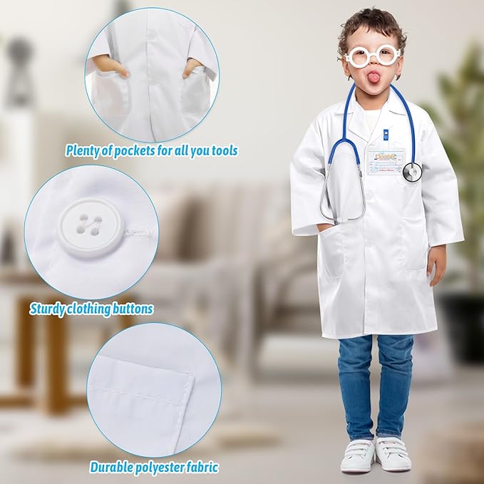 Doctor Costume for Kids, Toddler Doctor Lab Coat with Kids Stethoscope, Halloween Scientist Costume for Boys Girls
