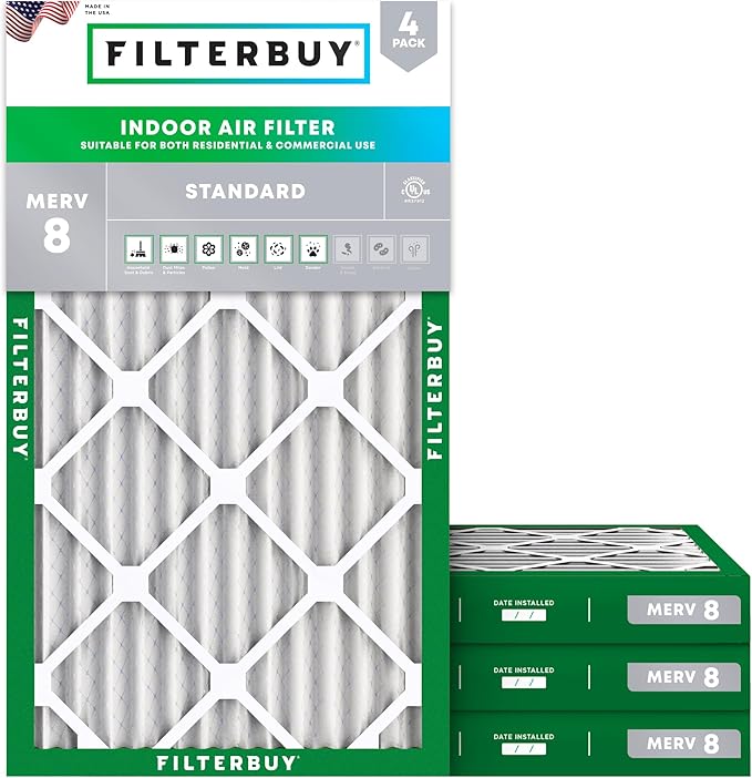 Filterbuy 10x20x2 Air Filter MERV 8 Essential Dust & Allergy Defense (4-Pack), Electrostatic Pleated HVAC AC Furnace Filters Replacement (Actual Size: 9.50 x 19.50 x 1.75)