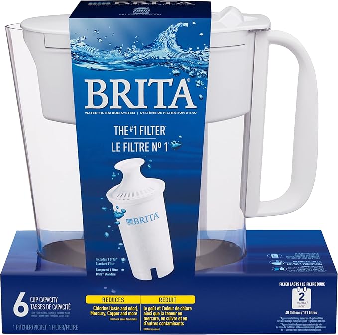 Brita Water Filter Pitcher for Tap and Drinking Water with 1 Standard Filter, Lasts 2 Months, 6-Cup Capacity, BPA Free, White