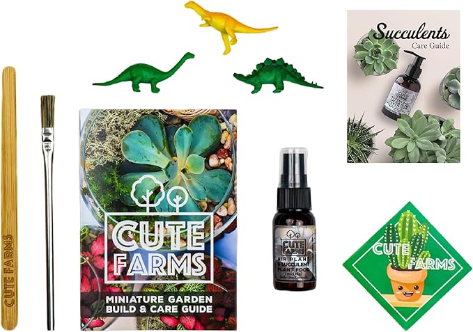 Cute Farms Terrarium Starter Kit | Moss, Vermiculite, Soil, Pebbles, Plant Food, & Finishing Tools (Large Kit + Live Plants + Crystals)