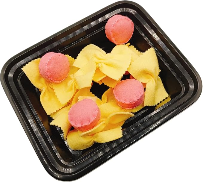 Felt play food Pasta farfalle with sausage for pretend play in kids kitchen, plush fake realistic bow tie (beige farfalle, Small set (16 farfalle, 4 sausages))