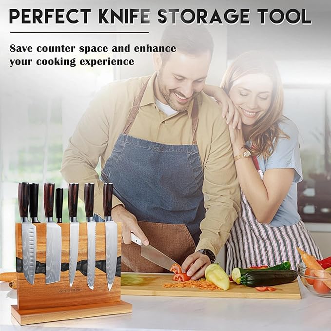 MEN WITH THE POT Magnetic Knife Block 13 x 10 Inches, Double Sided Magnetic Knife Holder Rack for Kitchen Counter Top, Space Saving Free Standing Wood Magnetic Knife Storage Stand with Black Resin