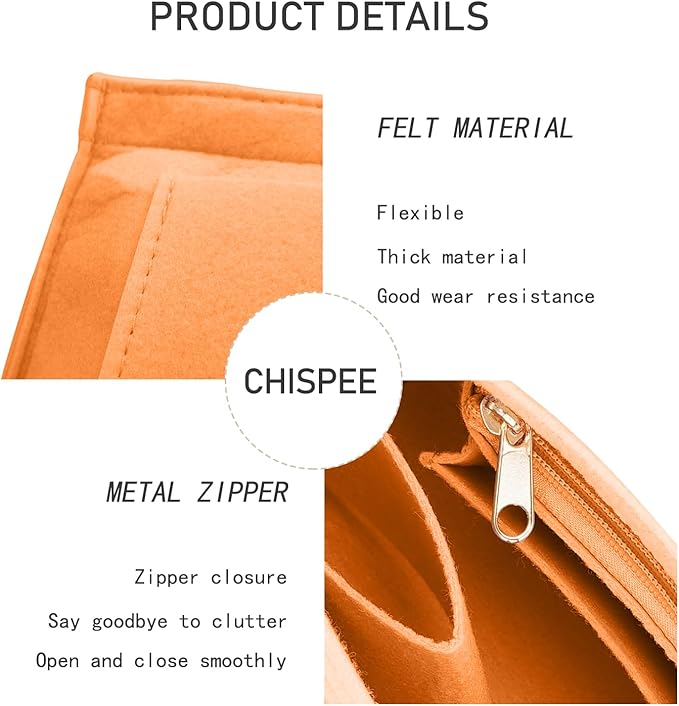 Chispee Felt Purse Organizer Insert Luxury Handbag Organizers for Longchamp Organizer Insert Divider Pocket & Zipper Inner Bag Liner fit Medium, Sun Orange